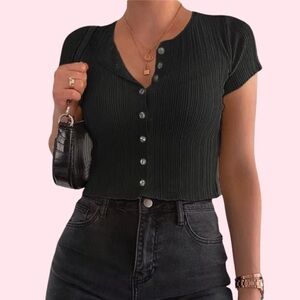 H&M Ribbed Button-Up Cropped Tee - Classic Black - Size S